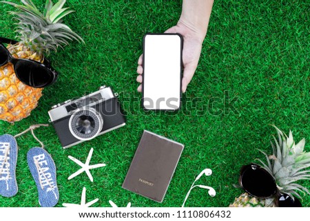 Summer Concept , Flat lay tropical fruit pineapple , camera and travel accessories on grass background include copyspace for add text or graphic