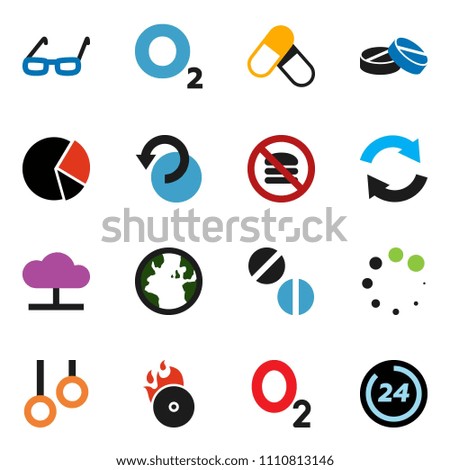 solid vector icon set - glasses vector, pie graph, pills, no fast food, gymnast rings, oxygen, earth, music hit, cloud network, refresh, undo, loading, 24 hour