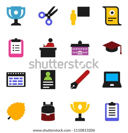 solid vector icon set - graduate hat vector, pen, university, blackboard, student, backpack, notebook pc, schedule, clipboard, award cup, certificate, scissors, personal information, leaf