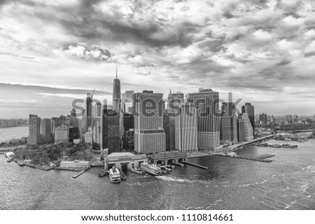 Helicopter view of Downtown Manhattan and East River.