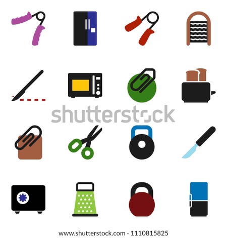 solid vector icon set - washboard vector, grater, toaster, microwave oven, scissors, safe, weight, hand trainer, scalpel, attachment, fridge