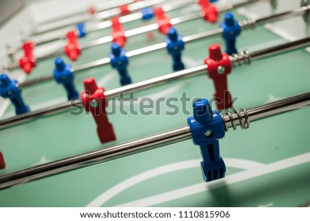 table soccer. focus ball in start soccer table game. Boy toy sport game concept. Soccer table is relax activities indoor for kid and family. Detail of a table soccer game