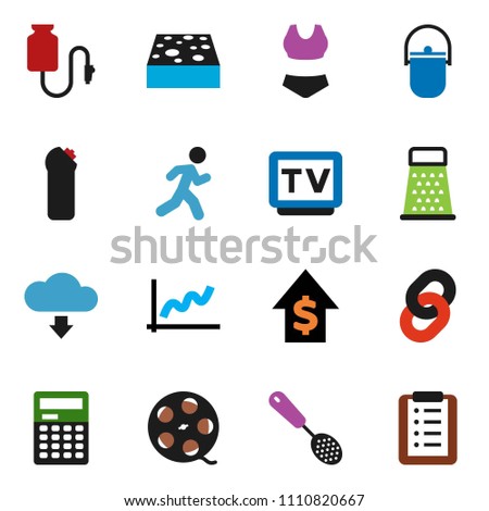 solid vector icon set - sponge vector, cleaning agent, camping cauldron, skimmer, grater, calculator, graph, dollar growth, swimsuit, run, film spool, tv, drop counter, cloud download, chain