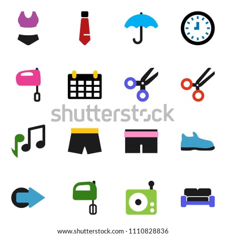 solid vector ixon set - mixer vector, scissors, music, clock, tie, calendar, snickers, shorts, swimsuite, umbrella, radio, arrow, cushioned furniture