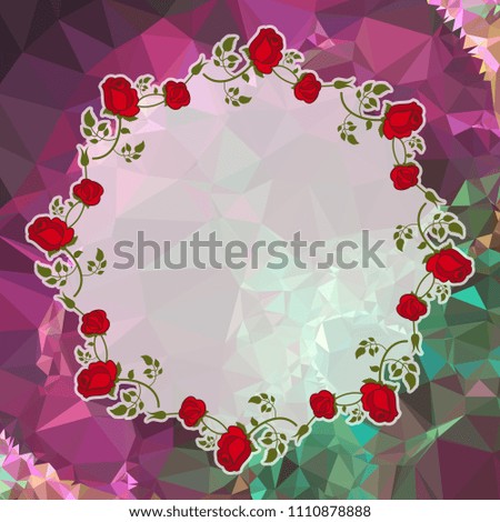 Round frame with red roses on a square mosaic background. Copy space. Wreath of flowers. Raster clip art.