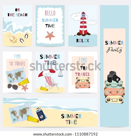 Travel greeting card with sea,sky,ship,star fish,beach,glasses,map,sun glasses,luggage and camara
