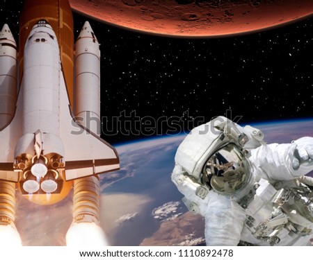 Rocket flies from earth to Mars. Astronaut in outer space. The elements of this image furnished by NASA.
