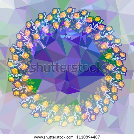 Round frame with roses on a square mosaic background. Copy space. Wreath of flowers. Raster clip art.