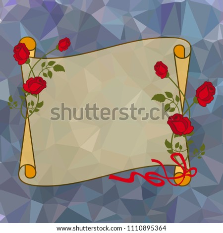 Paper scroll with red roses on a square mosaic background. Copy space. Raster clip art.