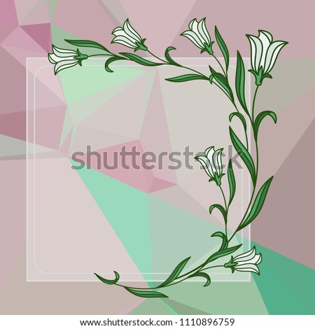 Square frame with bellflowers on a mosaic background. Copy space. Raster clip art.