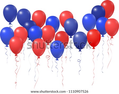 Red and blue balloons group isolated  on white vector illustration. American Independence Day holiday decoration elements. Glossy helium flying balloons bunch. July 4th symbols in USA flag colors.