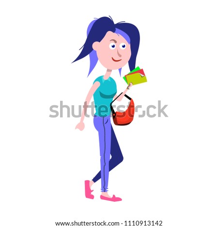 young girl with blue hair, flat style. Caricature, vector. Comes with records in hands and a bag on the elbow or hand