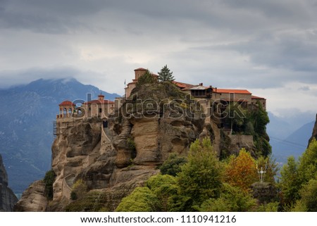 Great Meteoron Monastery. Beautiful scenic view, ancient traditional greek building on the top of huge stone pillar in Meteora, Eastern Orthodox Church, Pindos, Thessaly, Greece, Europe