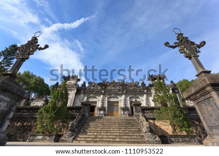 Tomb of Khai Dinh with Mandarin Honour Guard in the Honour Courtyard. Statues in line at the Khai Dinh tomb in Hue, Vietnam Royalty-Free Stock Photo #1110953522