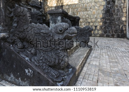 Tomb of Khai Dinh with Mandarin Honour Guard in the Honour Courtyard. Statues in line at the Khai Dinh tomb in Hue, Vietnam Royalty-Free Stock Photo #1110953819