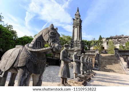 Tomb of Khai Dinh with Mandarin Honour Guard in the Honour Courtyard. Statues in line at the Khai Dinh tomb in Hue, Vietnam Royalty-Free Stock Photo #1110953822