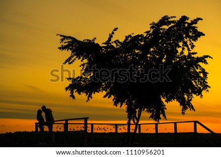Love story. Couple on the sunset. Silhouette of Lovers.