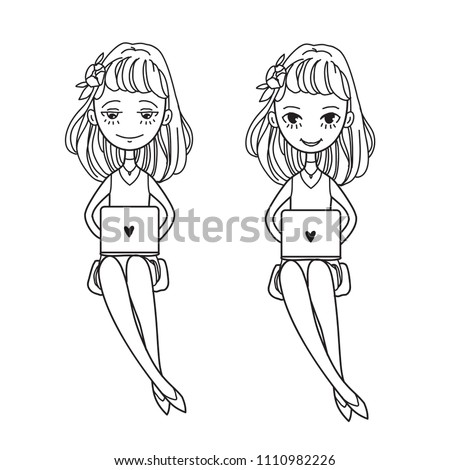 Blogging concept vector illustration. Set of girls character learning. Work for laptop. Use for article, blogs and website. Manga comics style