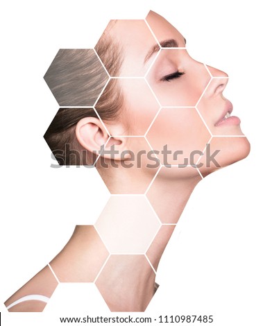 Beautiful female face in honeycombs. Spa and face lifting concept. Isolated on white. Royalty-Free Stock Photo #1110987485