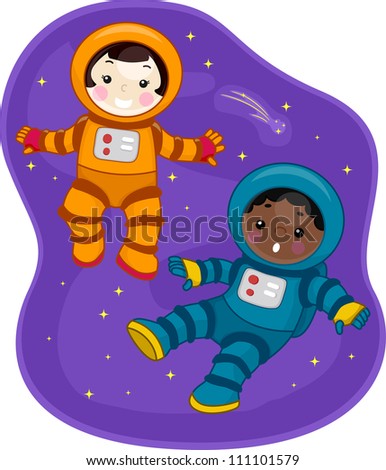 Illustration of Kids Dressed in Spacesuits and Floating in Outer Space