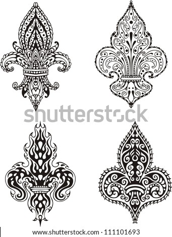 Fleur-de-lis (French Lilies of Bourbons). Set of black and white vector illustrations. Royalty-Free Stock Photo #111101693