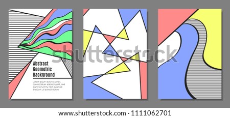 Abstract Geometric Backgrounds in Pastel Color Design. Placard Templates Set with Handwritten Wavy Stripes. Covers with Triangles and Abstract Geometric Shapes in Bauhaus Style for Brochure, Layout.