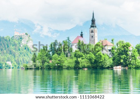  Most famous Slovenian lake and island Bled with Pilgrimage Church of the Assumption of Maria 