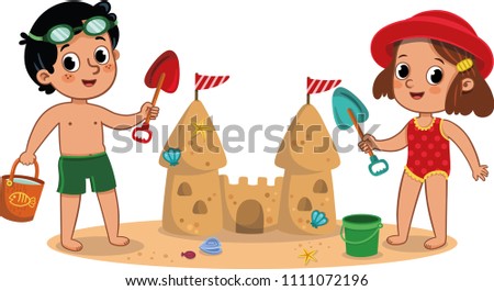 Two little kids having fun on the beach. Outdoor activity. Isolated on white. Vector illustration.