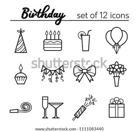 Birthday outline icons. Vector set of 12 icons