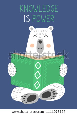Knowledge is Power. Cute white bear reading book on blue background. Vector illustration
