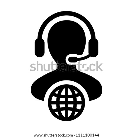 Globe icon vector male customer service person profile symbol with headset for internet network online support in glyph pictogram illustration