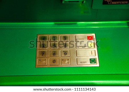 Finance and business. Close - up of the control panel on the terminal. ATM.