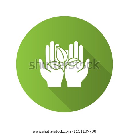 Greening flat design long shadow glyph icon. Environment protection. Open hand with sprout. Agriculture. Vector silhouette illustration