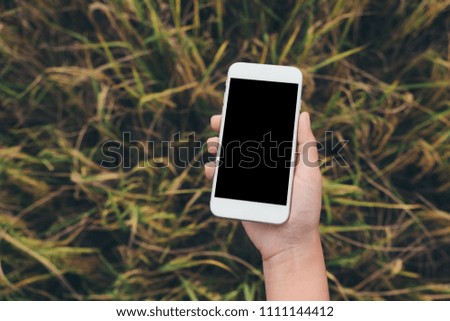 Top view mockup image of hand holding white mobile phone with blank black desktop screen with green nature background