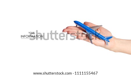Miniature airplane in hand travel pattern on white background isolation