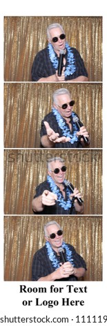 Photo Booth strips. A man poses and smiles as he has his picture taken in a photo booth and printed on strips. room for text. 