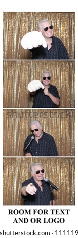 Photo Booth strips. A man poses and smiles as he has his picture taken in a photo booth and printed on strips. room for text. 