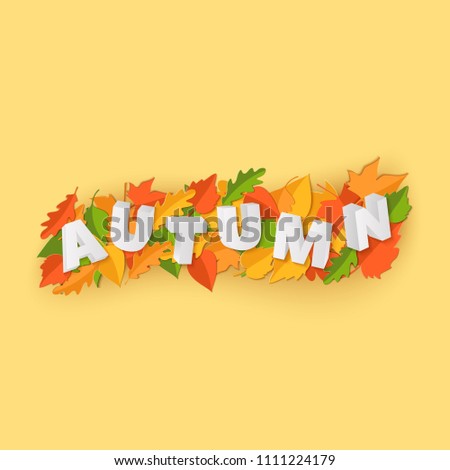 Word AUTUMN composition with green yellow red leaves on yellow background in paper cut style. Fall craft leaf 3d realistic letters for design poster, banner flyer T-shirt printing Vector illustration