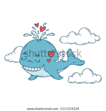 A whale with wings in the sky with hearts. Vector illustration isolated on white background. Print for nursery.