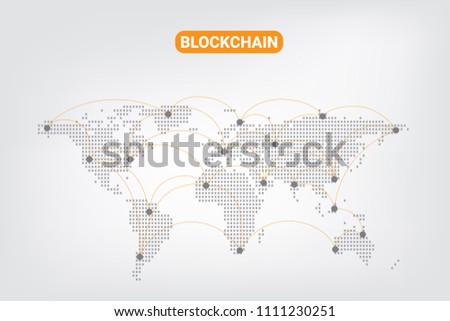 Abstract Digital money crypto currency blockchain  network technology on world map Background. vector Illustration.