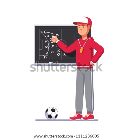 Soccer coach man drawing game plan on chalk board playbook, teaching game tactics & instructing soccer team. Football match analysis scheme. Football game strategy playbook. Flat vector illustration Royalty-Free Stock Photo #1111236005