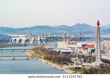 Pyongyang north korean capital skyline  with Rungrado 1st of May Stadium Royalty-Free Stock Photo #1111241783