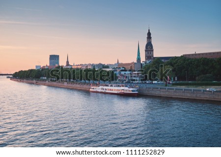 Sunset on the river in the center of Riga, Latvia.