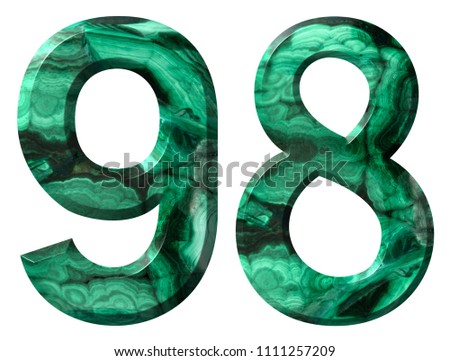 Arabic numeral 98, ninety eight, from natural green malachite, isolated on white background