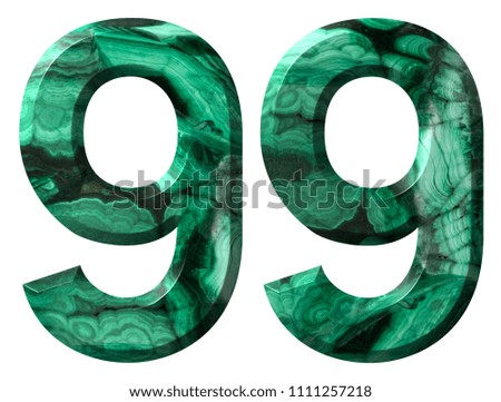Arabic numeral 99, ninety nine, from natural green malachite, isolated on white background