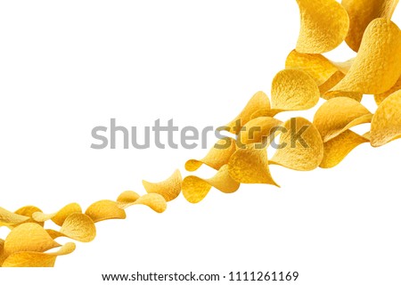 Flying potato chips, isolated on white background Royalty-Free Stock Photo #1111261169