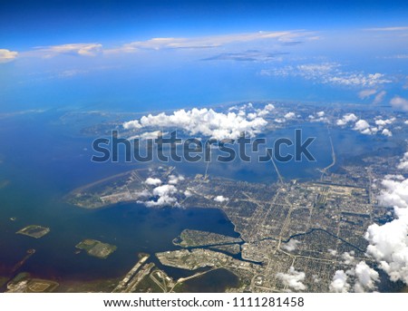 Aerial view of Tampa and St. Petersburg, Florida, with Hillsborough Bay and McDill Air Force base.