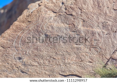 Buddhist signs in Tamgaly Tas. Signs on the stones. Ancient inscriptions