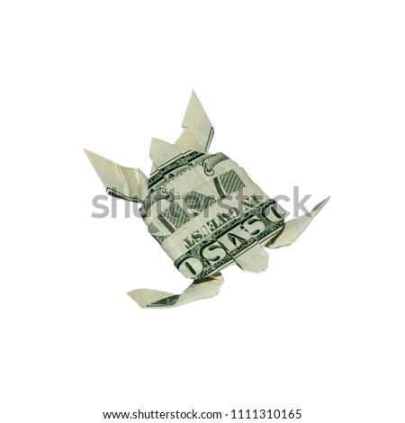 Money Origami TURTLE Folded with Real One Dollar Bill Isolated on White Background