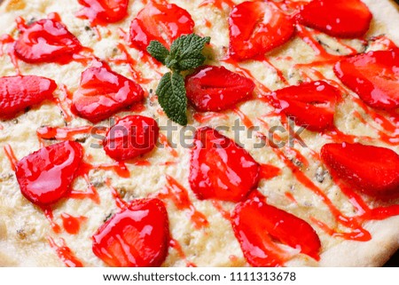 Strawberry pizza texture, food background, summer dessert concept